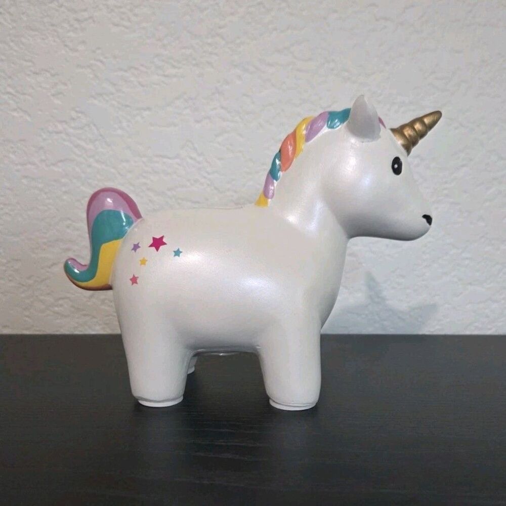 Ceramic Unicorn Coin Bank White w/ Rainbow Mane & Tail, Gold Horn.